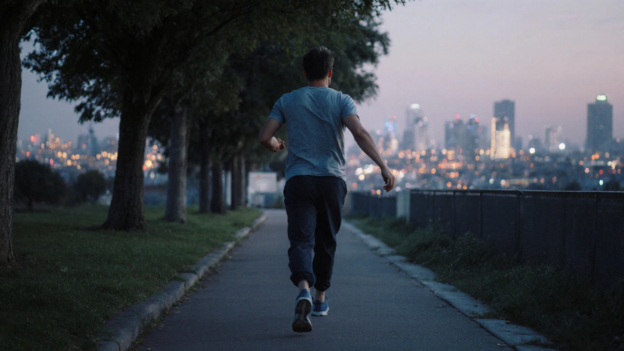 Person walking at dusk along a tree-lined path, breathing deeply as city lights twinkle behind.