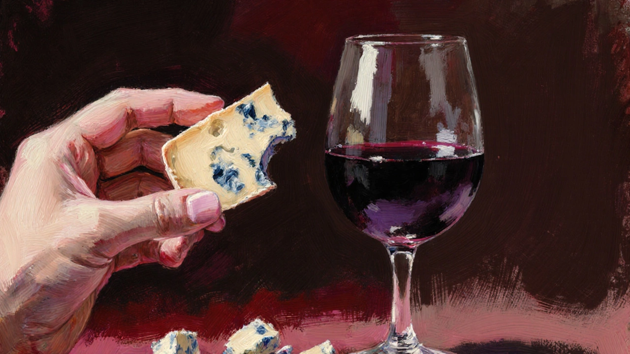 Stilton cheese and Port wine being enjoyed together in a rich, moody setting.