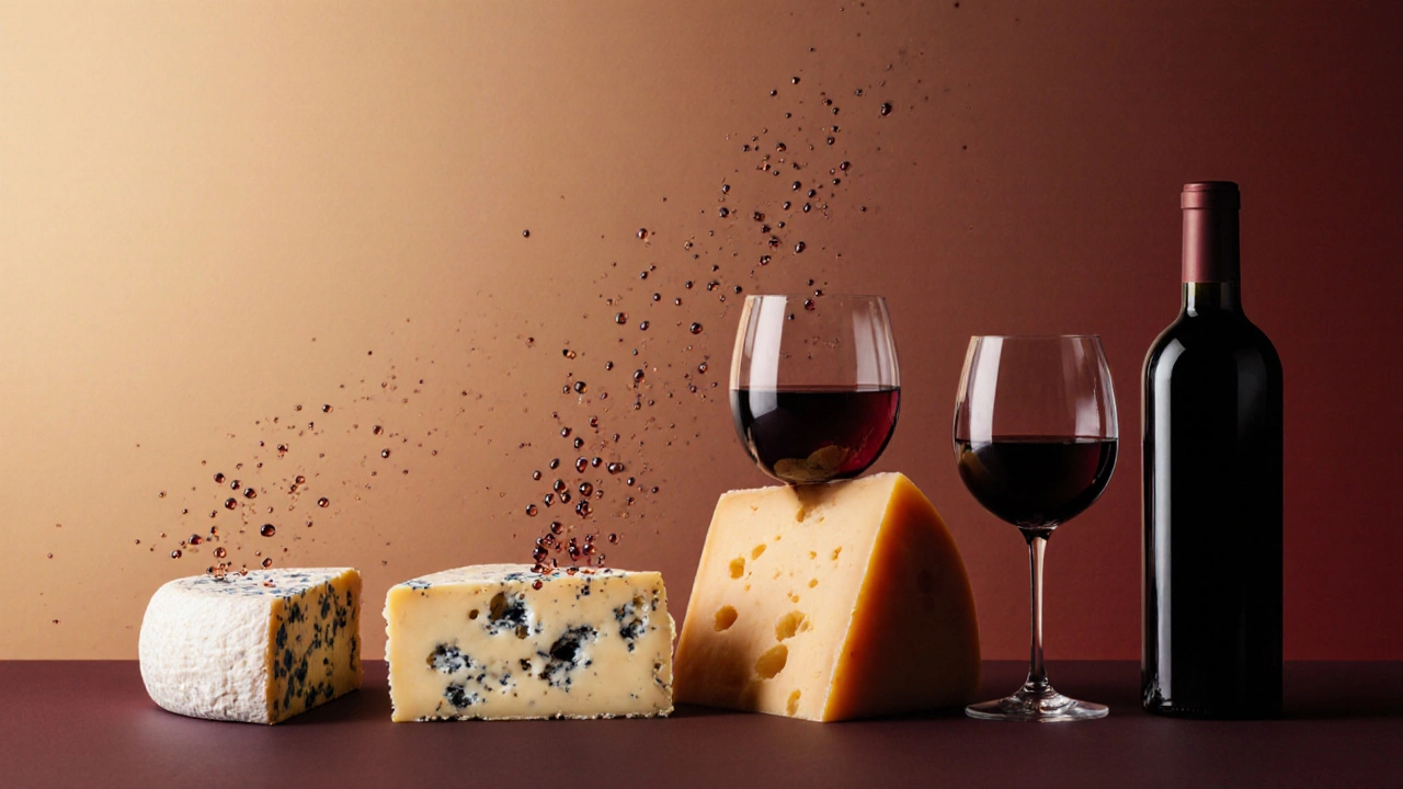 Three cheeses paired with matching red wines on a gradient background symbolizing flavor harmony.