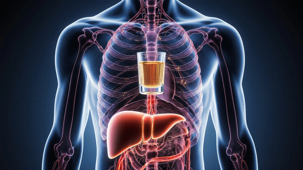 Transparent human body showing alcohol blocking fat metabolism, with visceral fat accumulating around organs.