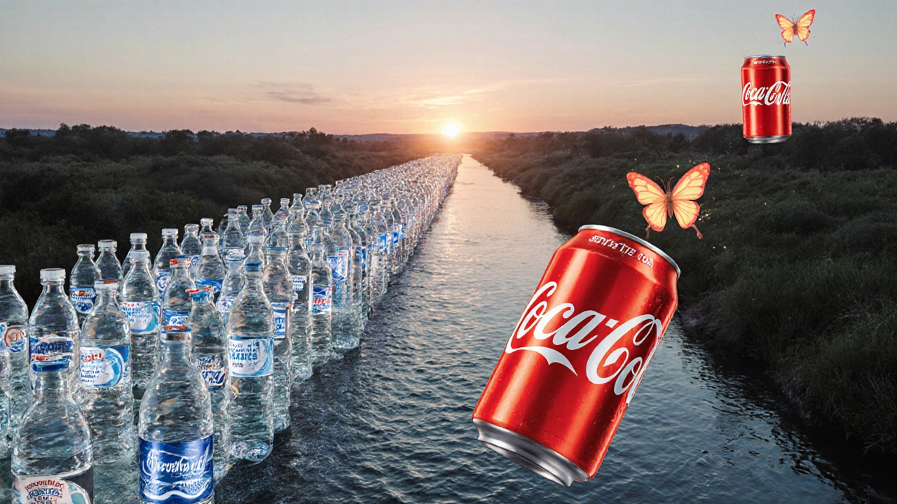 Two symbolic rivers—one of water bottles, one of Coca-Cola cans—flowing together toward a horizon, representing necessity and emotion.