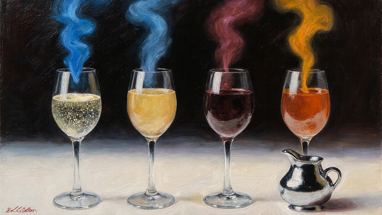 Wine glasses arranged in tasting order with aromatic trails rising from each.