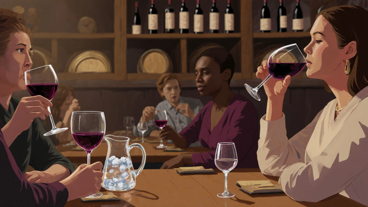 Wine tasters sipping water between samples in a Napa tasting room.