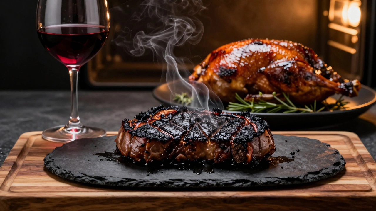 A charred steak and a roasted duck on opposite sides of a wooden board, symbolizing poor and ideal pairings.