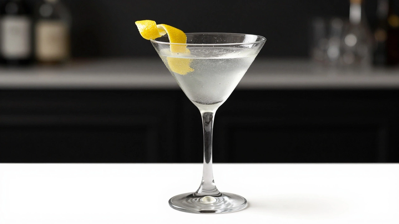 A chilled Martini in a coupe glass with a lemon twist, clear gin, and no ice.
