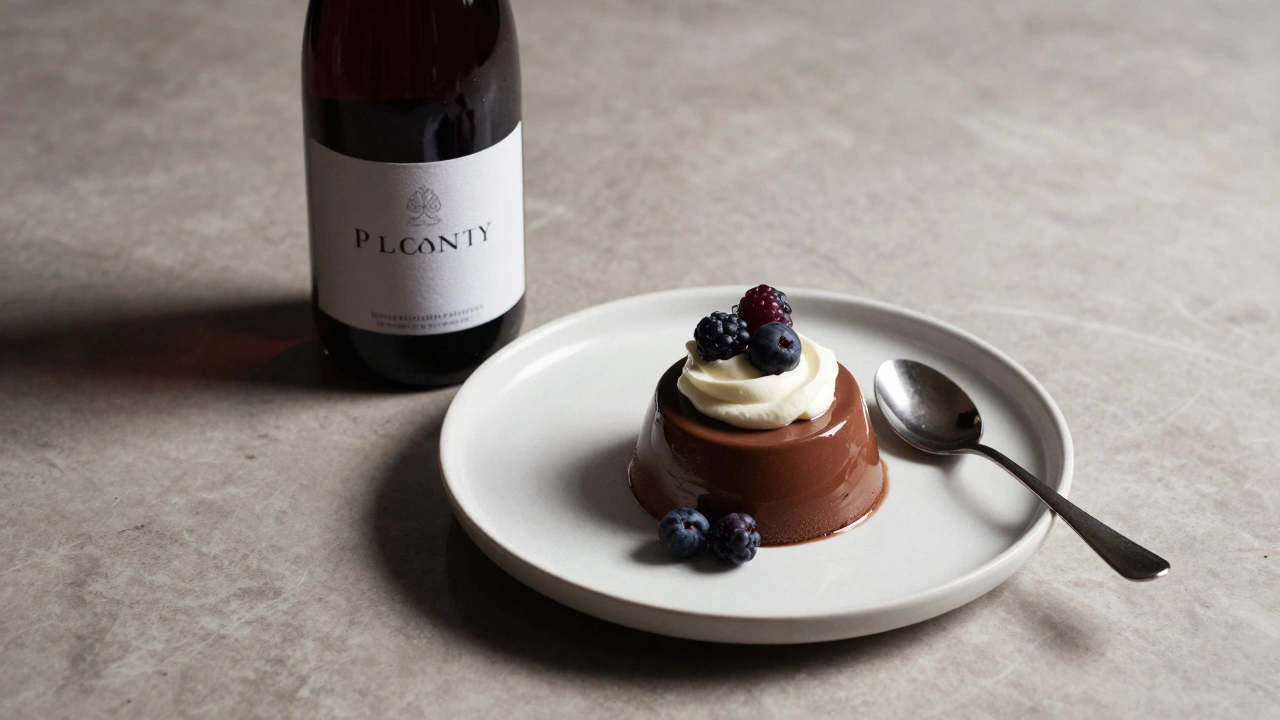 A chocolate mousse dessert next to an untouched bottle of Pinot Noir under cool, clinical lighting.