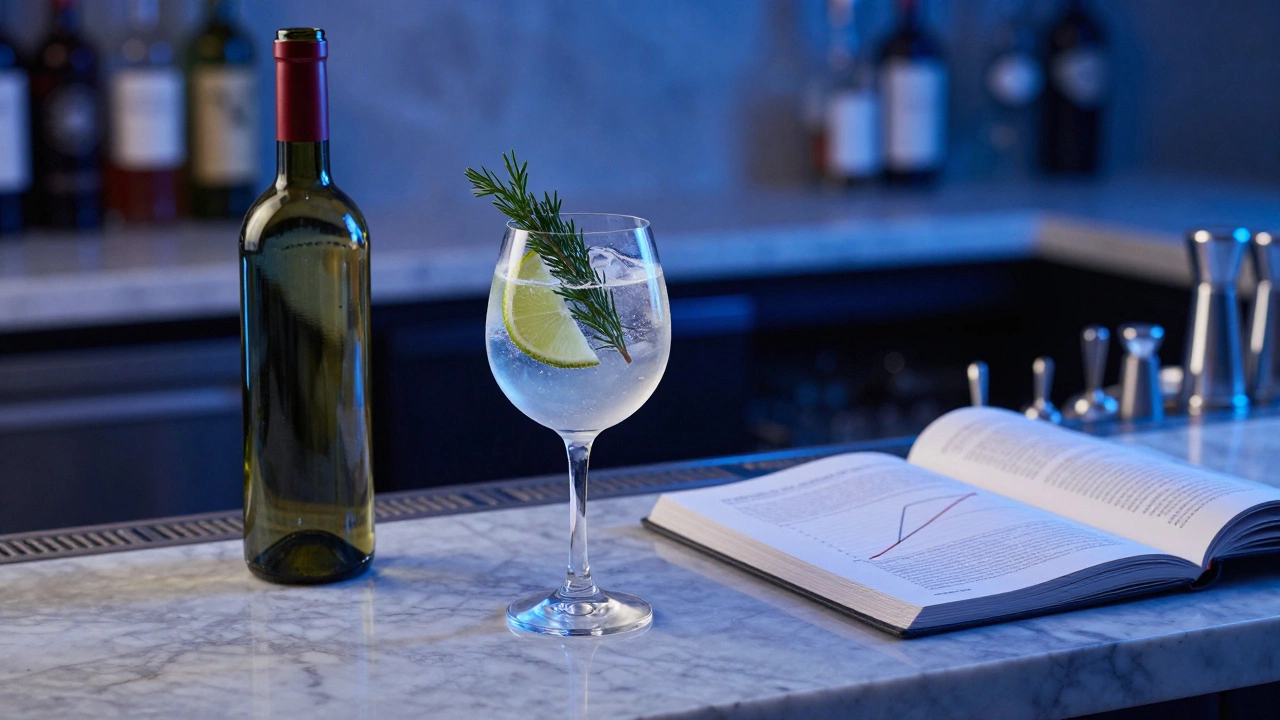A gin and tonic beside a scientific journal showing alcohol's cancer risks in a modern bar.