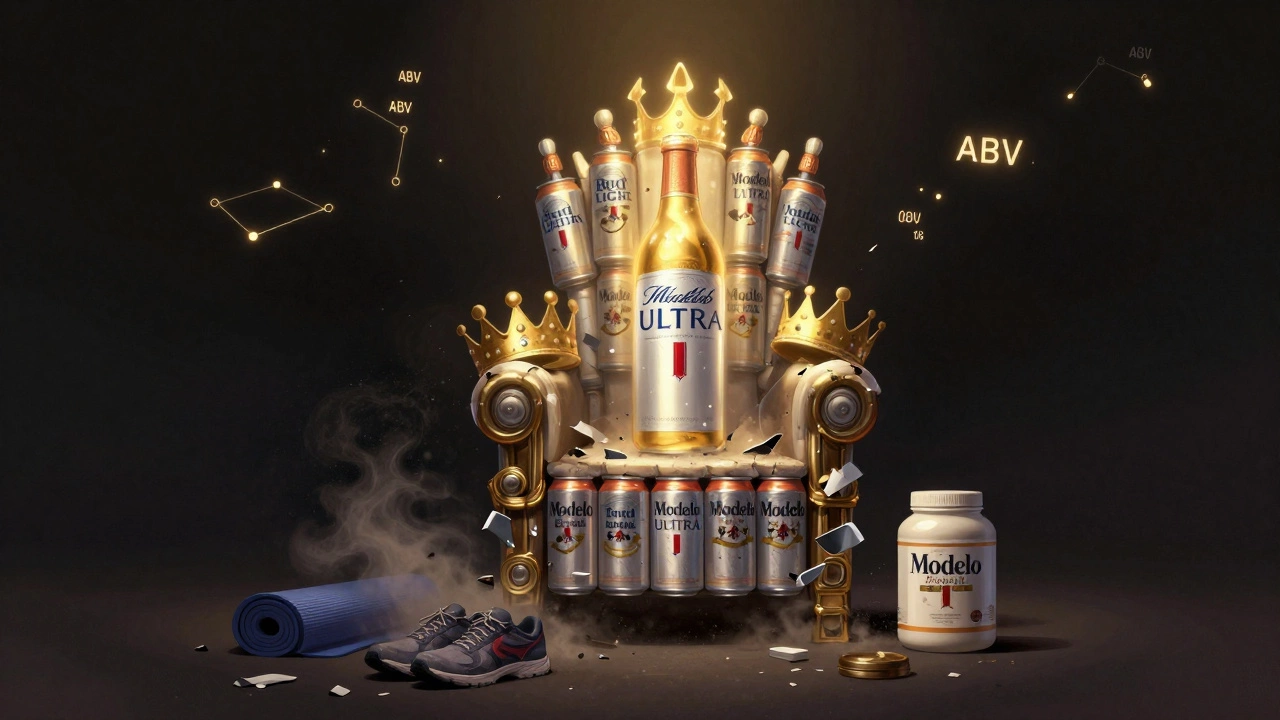 A golden throne made of beer cans with Michelob Ultra on top, crumbling crowns of Bud Light and Modelo below, fitness items leading to it.
