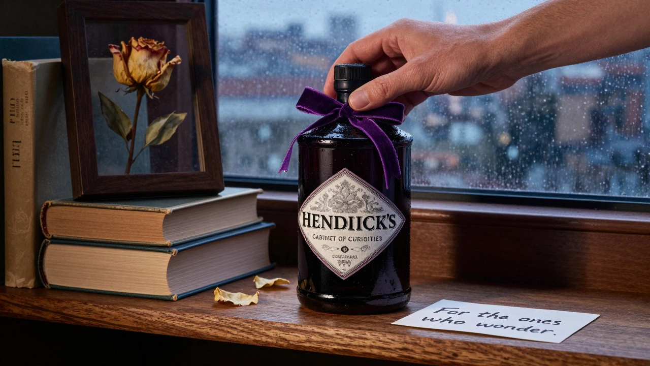A limited-edition Hendrick’s bottle on a shelf with books and a dried rose, in soft twilight light.