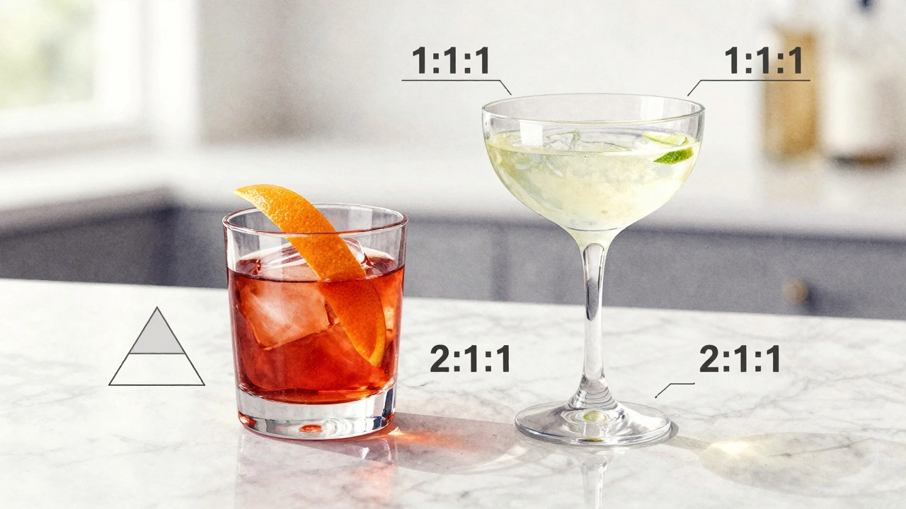 A Negroni and Daiquiri side by side, showing their distinct colors and ratios in a watercolor style.