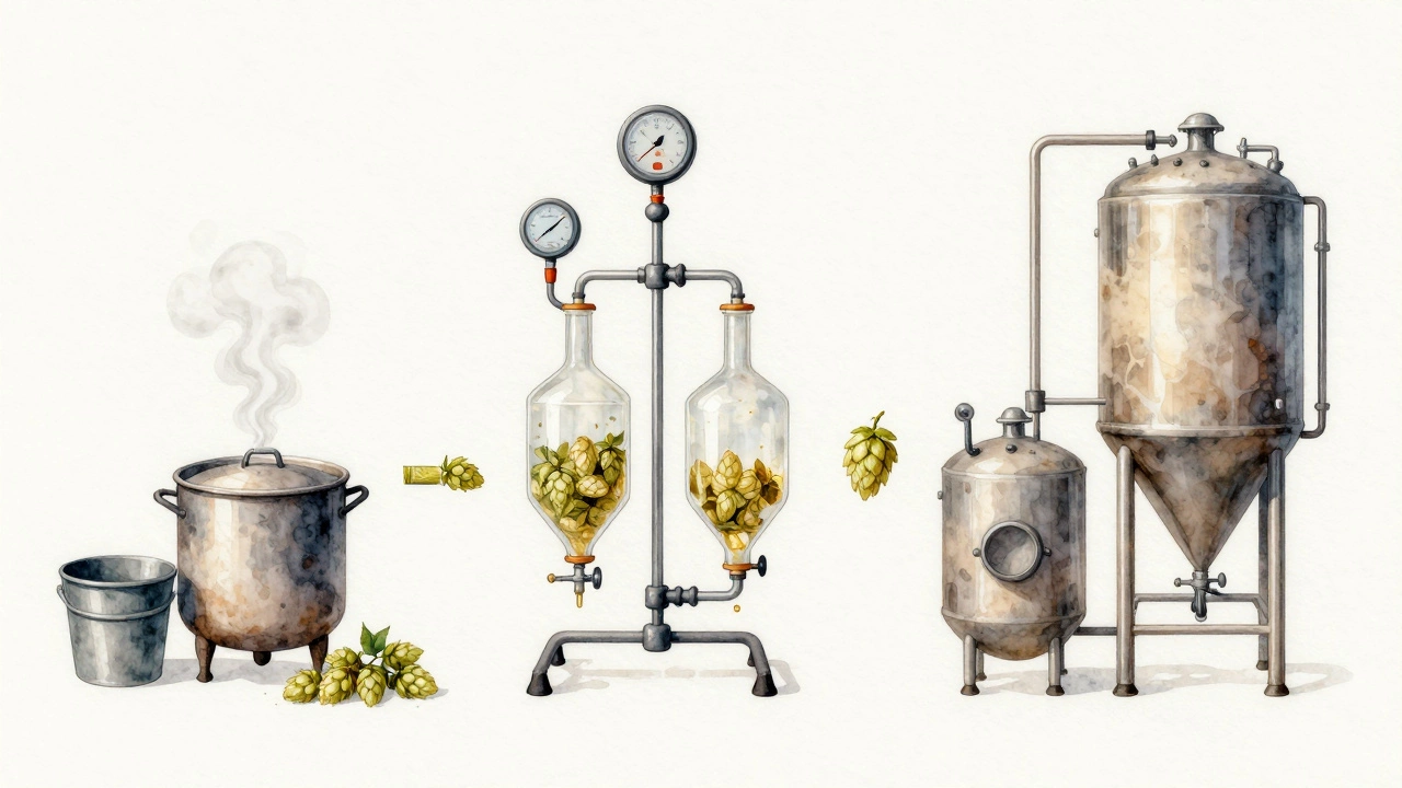 Artistic progression of home brewing from simple pot to advanced all-grain system with hop and yeast symbols.