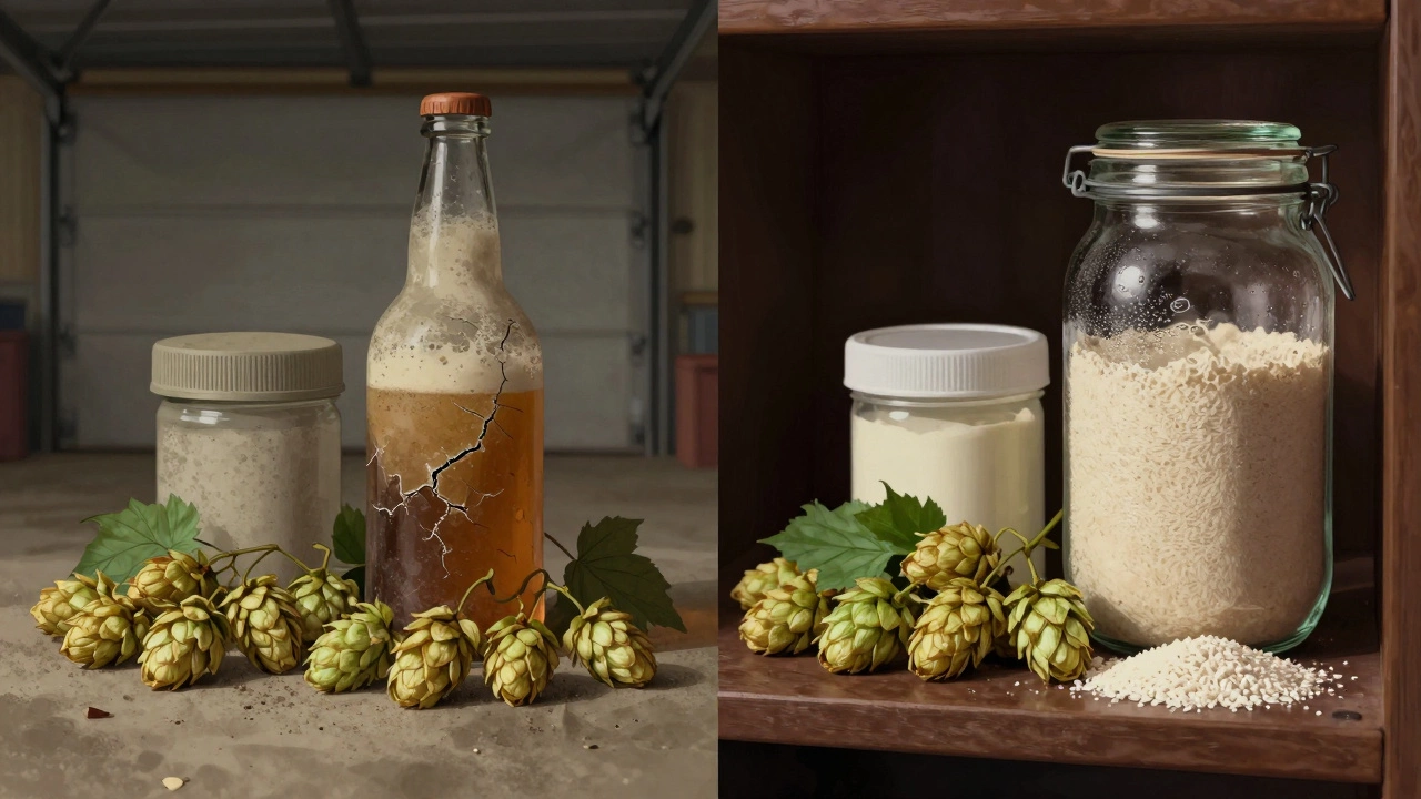 Contrasting storage conditions: old beer kit in a hot garage versus fresh ingredients in a cool cupboard.