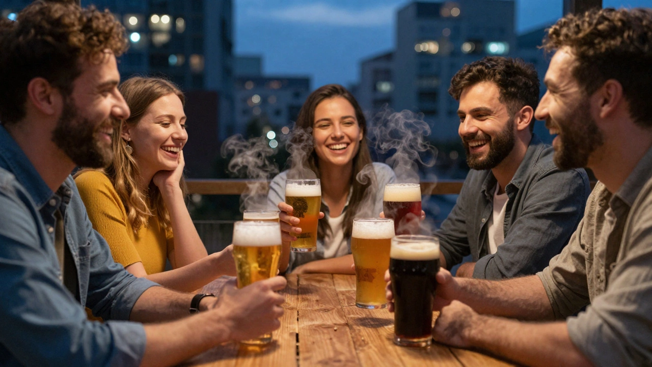 Friends enjoying different award-winning beers together at dusk, laughter and warmth in the air.