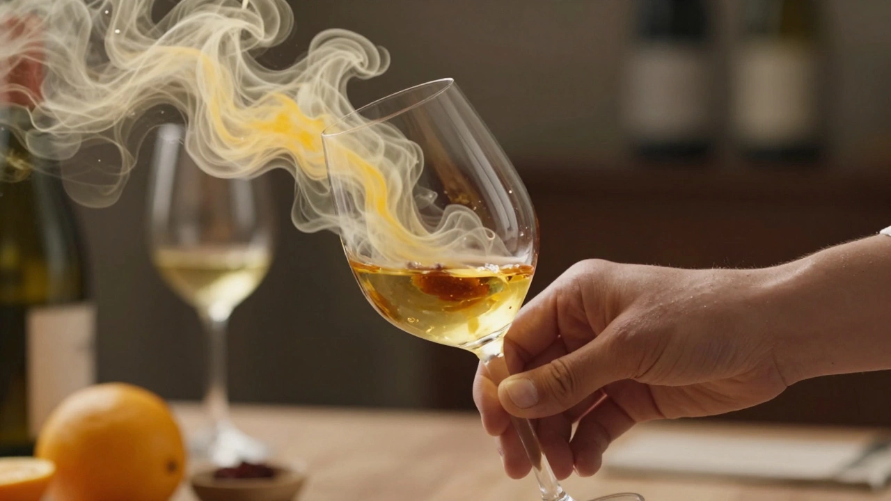 Hand swirling wine as aromatic clouds of citrus, earth, and vanilla rise from the glass.
