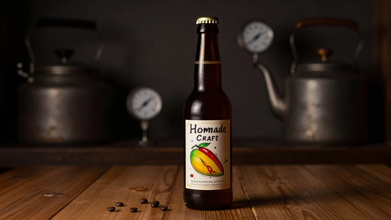 Handmade craft beer bottle labeled with unique ingredients like mango and coffee, glowing softly on wood.