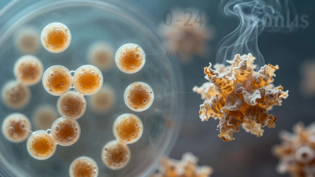 Microscopic view of healthy yeast cells bubbling versus dead yeast clusters, symbolizing fermentation viability.