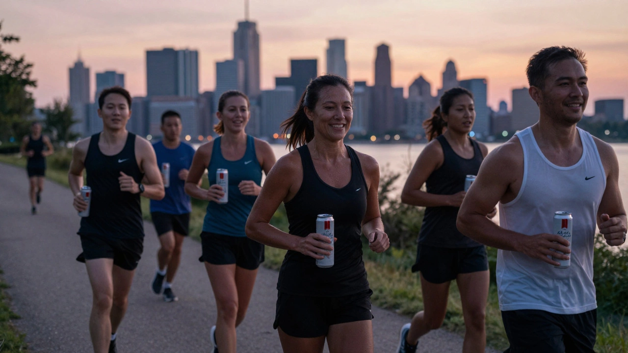People jogging at dawn holding Michelob Ultra cans, city skyline behind them, morning light reflecting off the cans.