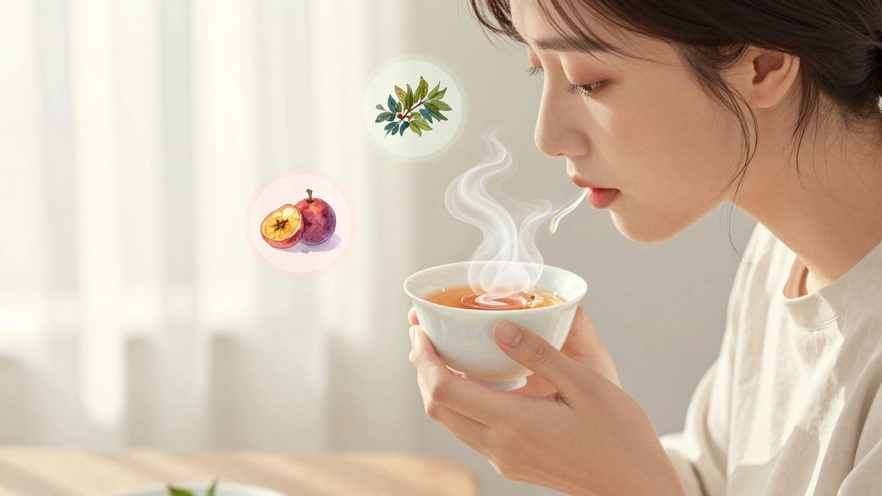 Person slurping tea in a quiet room at dawn, with aromatic notes visible as soft halos.