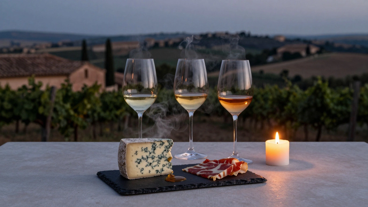 Riesling, Port, and Sherry beside blue cheese and Manchego with honey drizzle, candlelight at dusk.