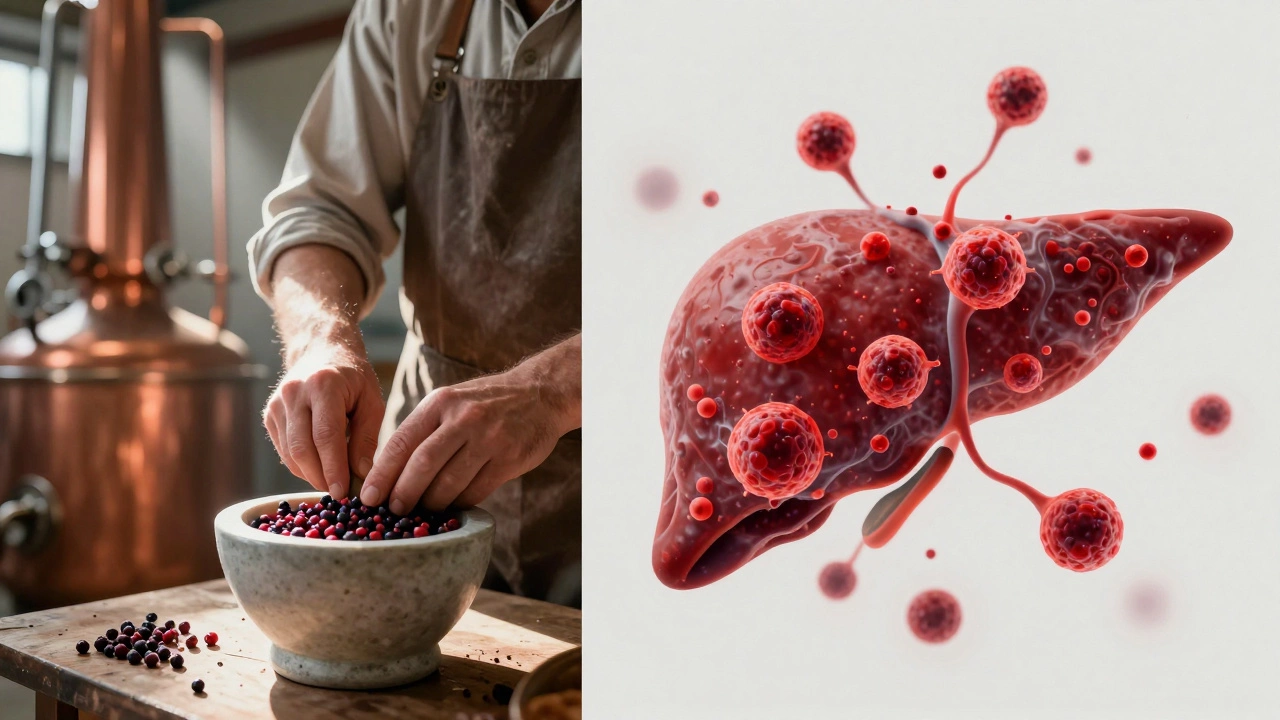Split image: juniper berries being crushed versus a liver with cancerous cells under microscope.