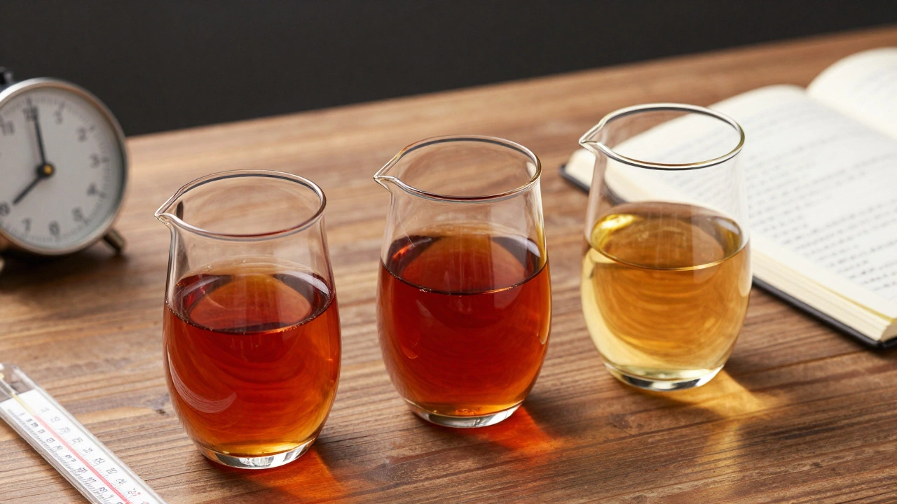 Three tea liquors in glass vessels beside brewing tools on a wooden table, lit softly.