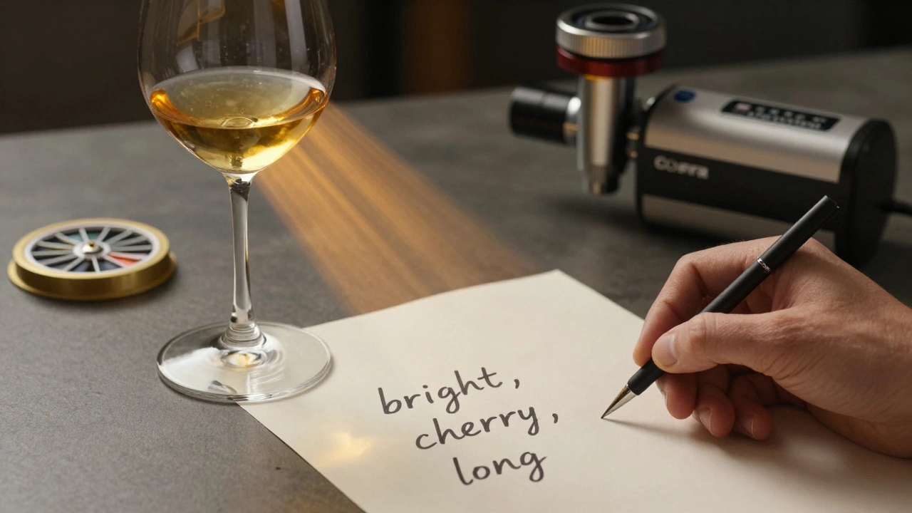Wine glass with fading golden aftertaste light, beside handwritten tasting notes.