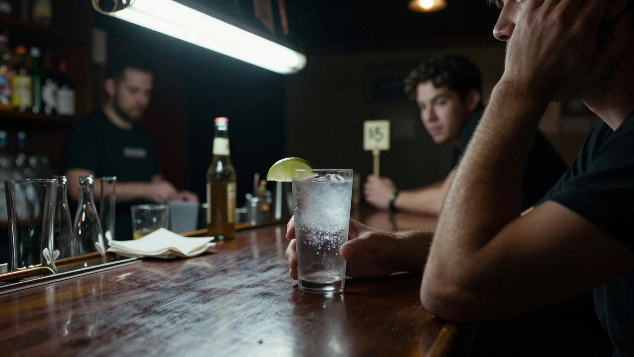 A customer receives a plain club soda with lime in a cluttered dive bar under harsh lighting.