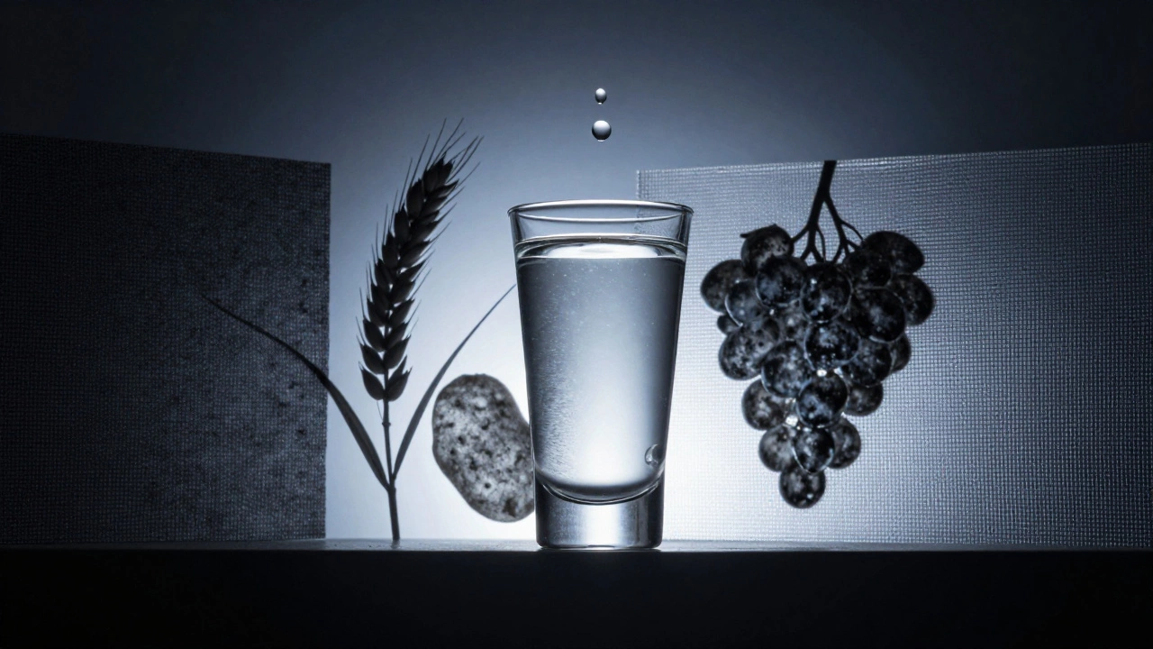A single vodka drop suspended in air, refracting light into silhouettes of grain, potato, and grape.