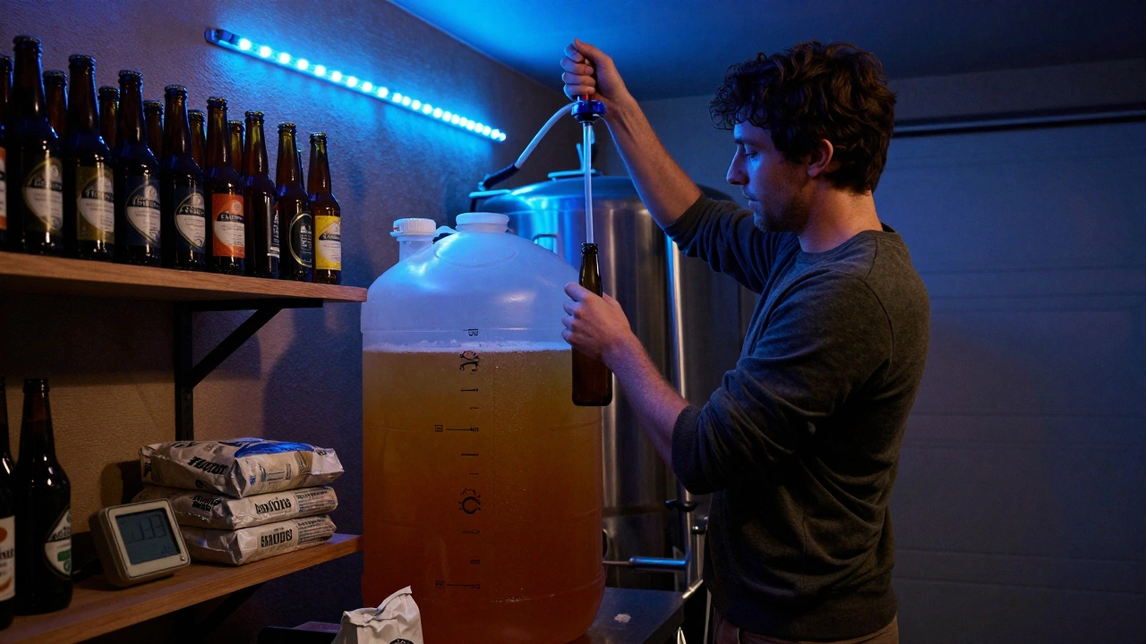 Person bottling homemade beer in a garage workspace with fermenter and tools in background.