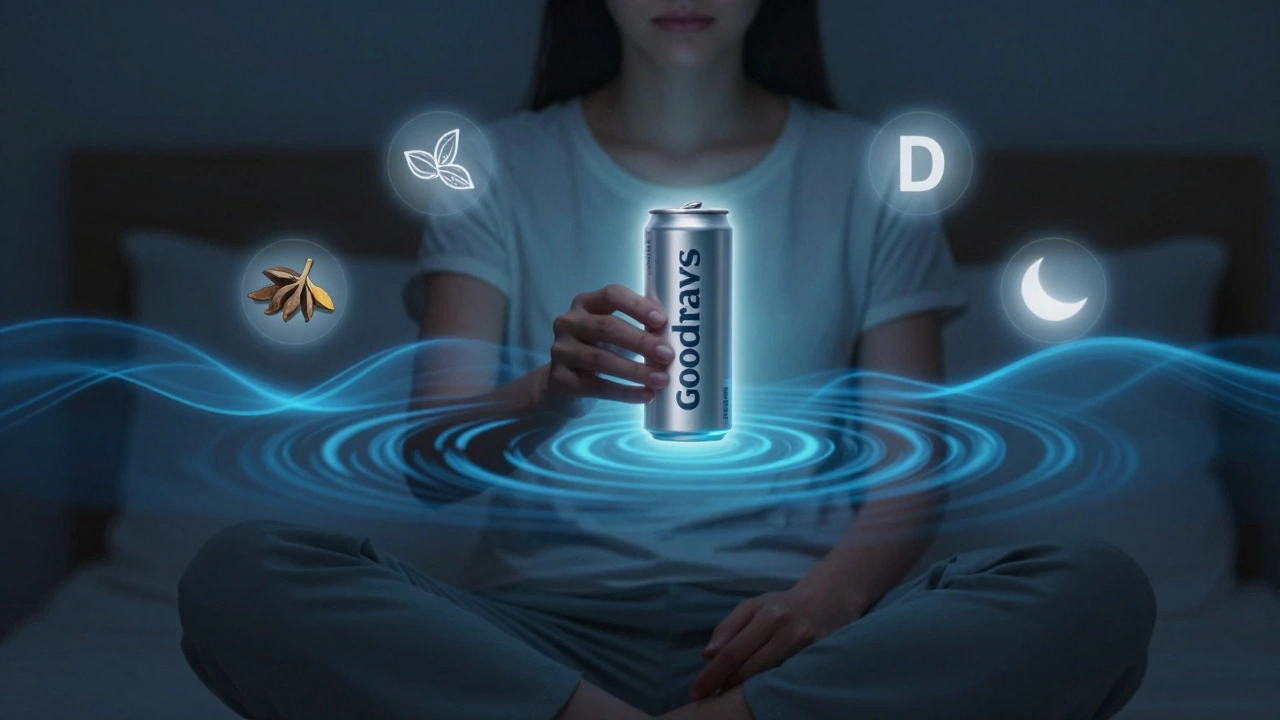 Person holding CBD drink with glowing halo, calming blue ripples representing stress reduction.