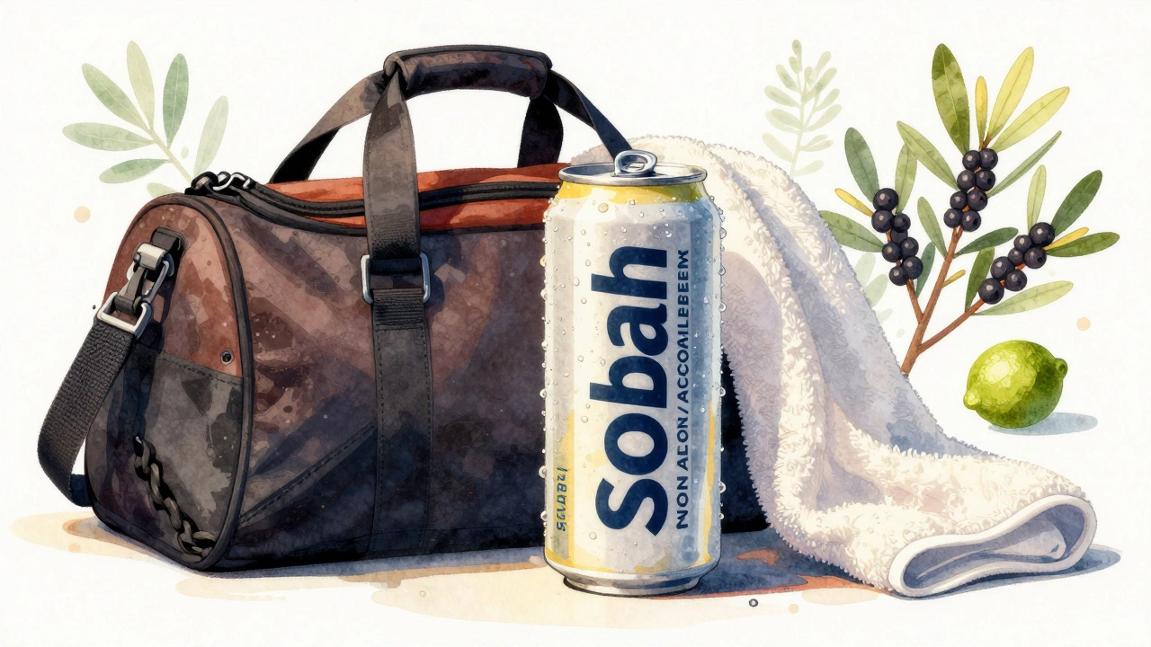 Sobah non-alcoholic beer beside gym gear, condensation on can, botanicals in background.