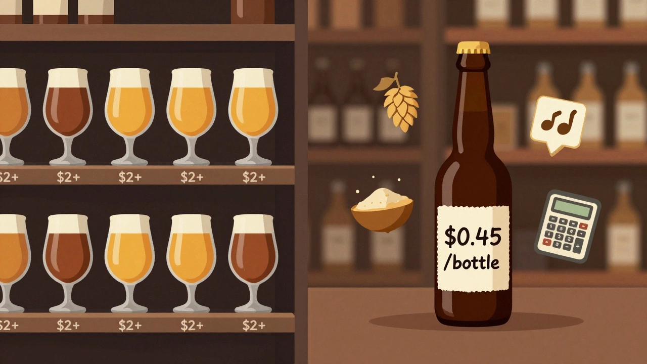 Split image comparing expensive store-bought beer to a low-cost homemade bottle with brewing icons.