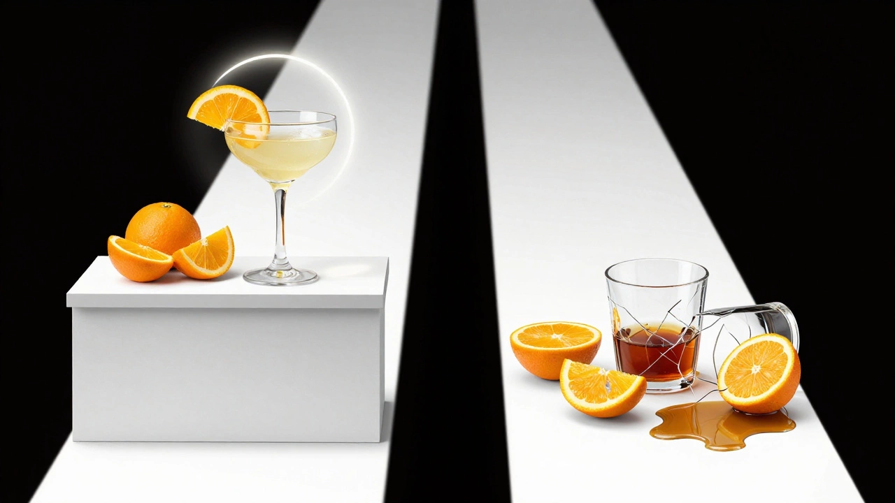 Two contrasting bar stations: one pristine with fresh ingredients, the other messy and neglected.