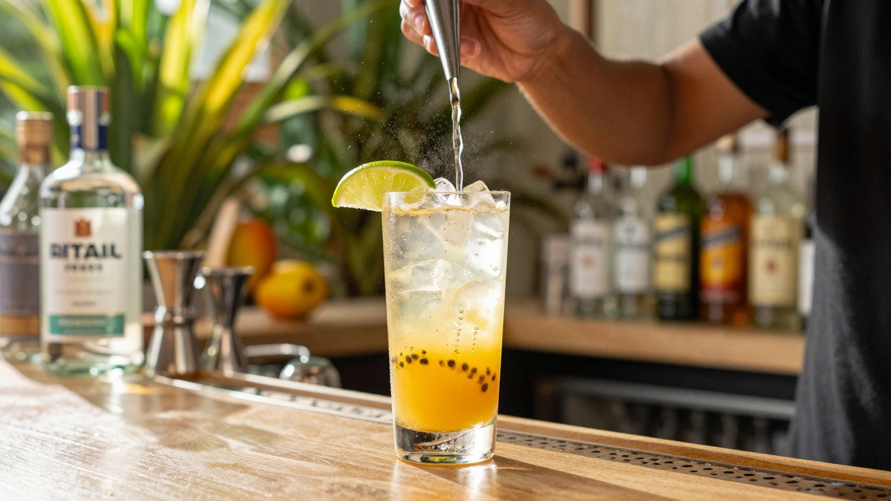 A bartender pouring a bubbly Hiyo Mango Passionfruit tonic with lime garnish in a bright, modern bar.