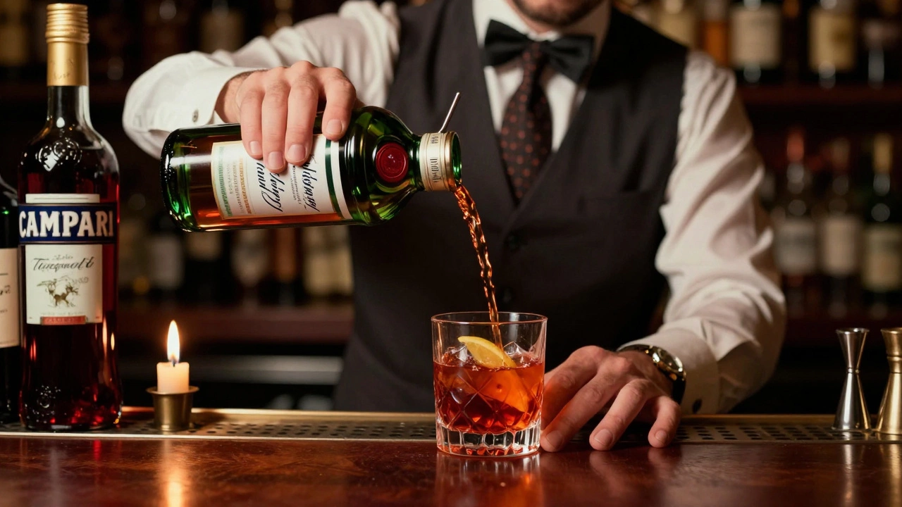 A bartender pouring a Negroni with Tanqueray gin bottle visible in a vintage-style bar setting.
