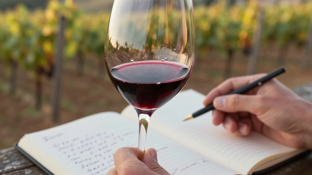 A close-up of wine being held to the light, showing its color and viscosity.