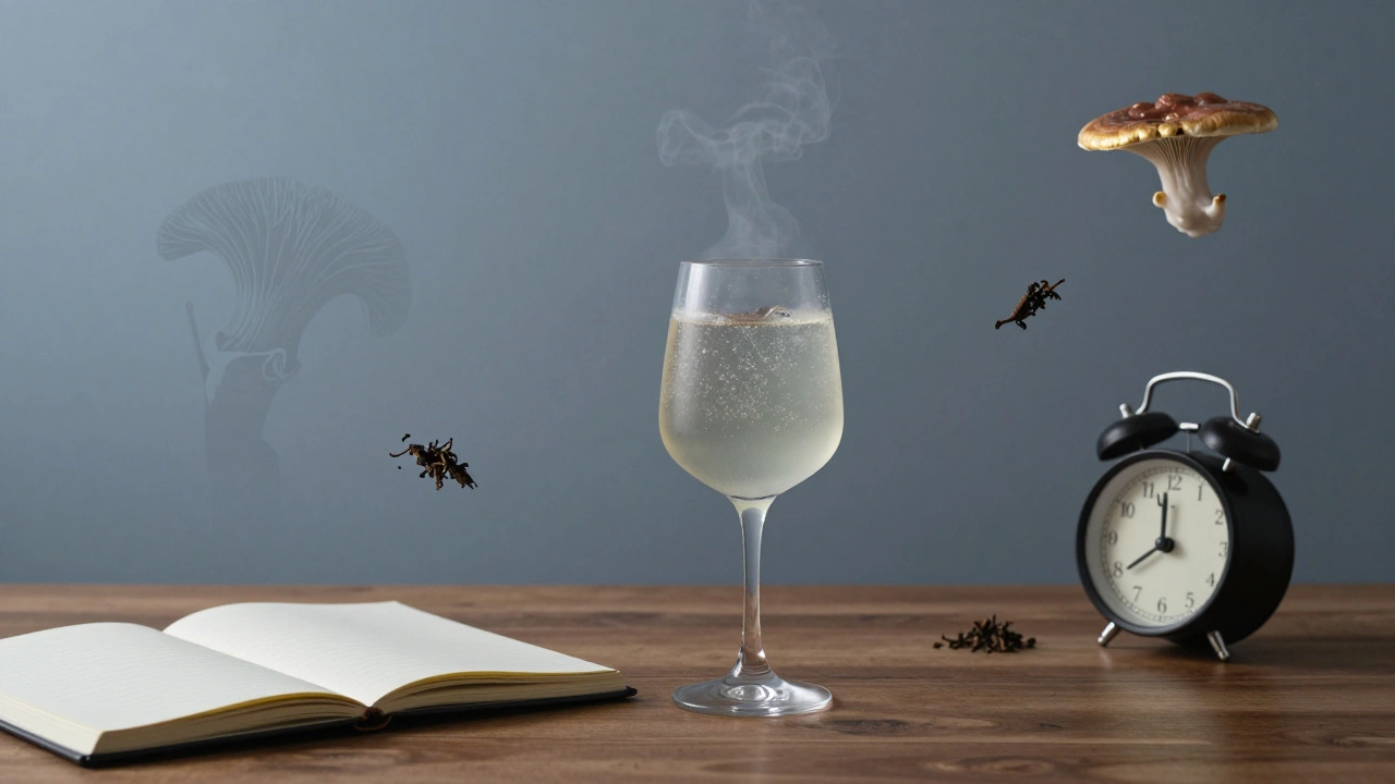 A sparkling De Soi drink beside a clock at 5 PM, with botanical mist rising, symbolizing a calm transition.