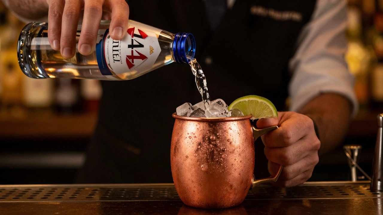Bartender pouring honey vodka into Moscow Mule copper mug