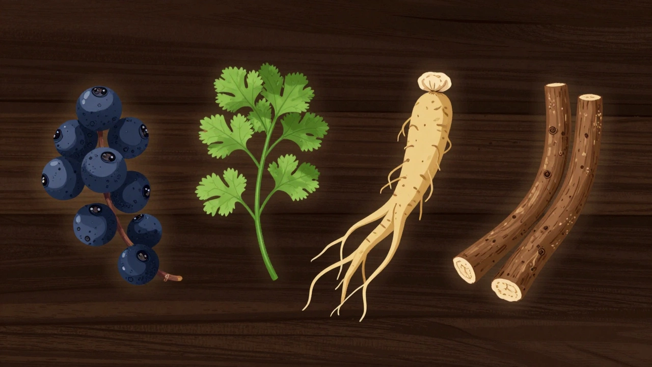 Four botanicals — juniper, coriander, angelica, and liquorice — glowing against a dark wood background.