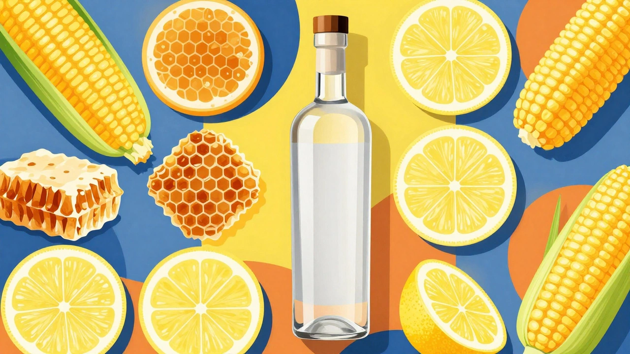 Geometric arrangement of corn, honey, and lemons with vodka bottle