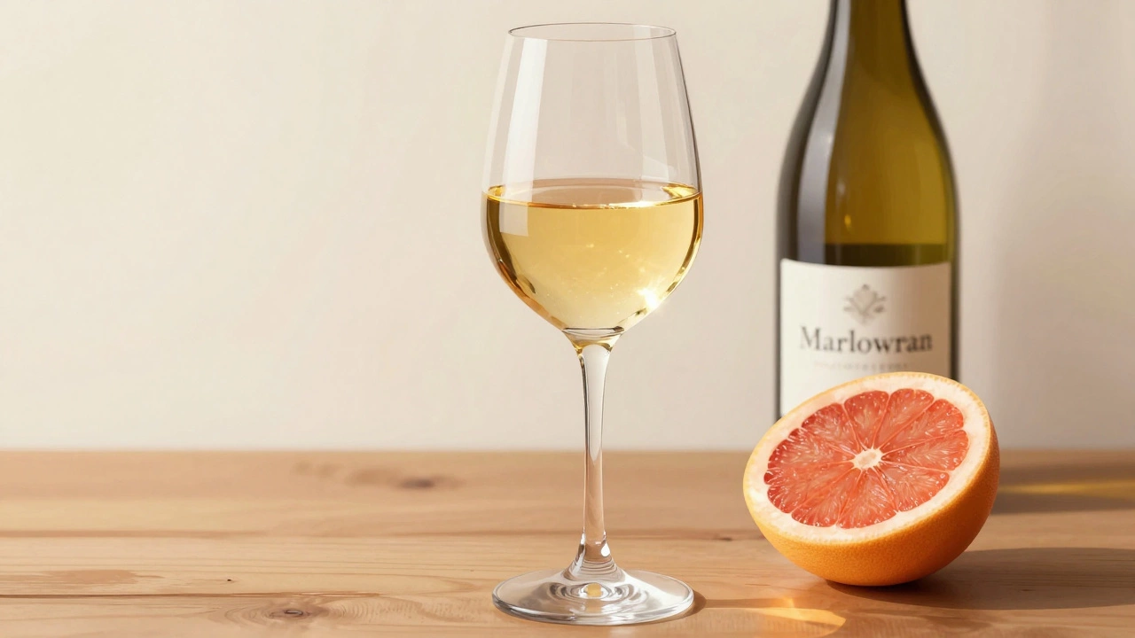 A glass of dry white wine with a grapefruit slice nearby, soft golden light highlighting the liquid.