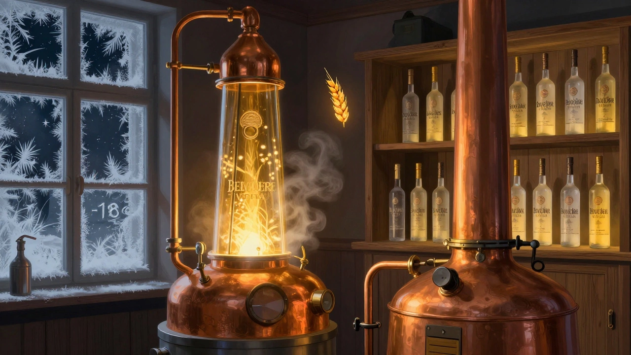 A Polish distillery at night with copper stills and frost on the window, glowing with warm light.