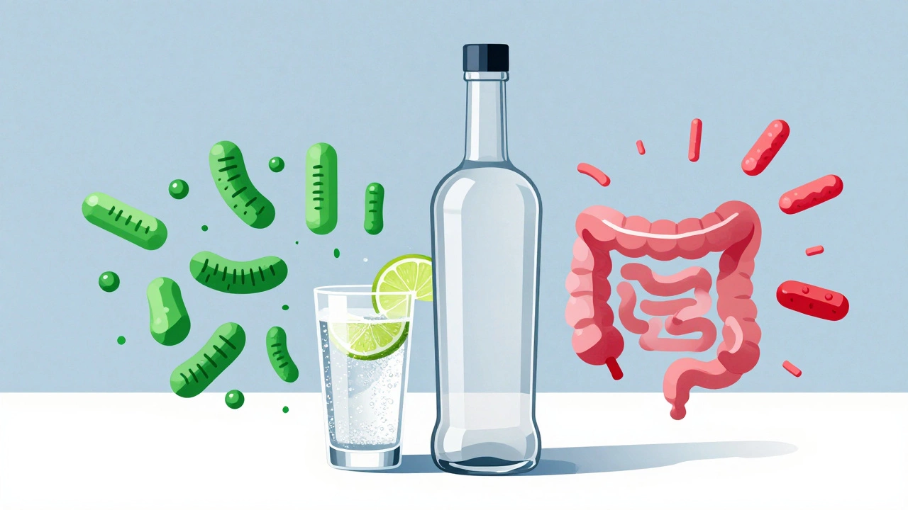 A vodka bottle with soda and lime, illustrating clean mixers that support gut health.