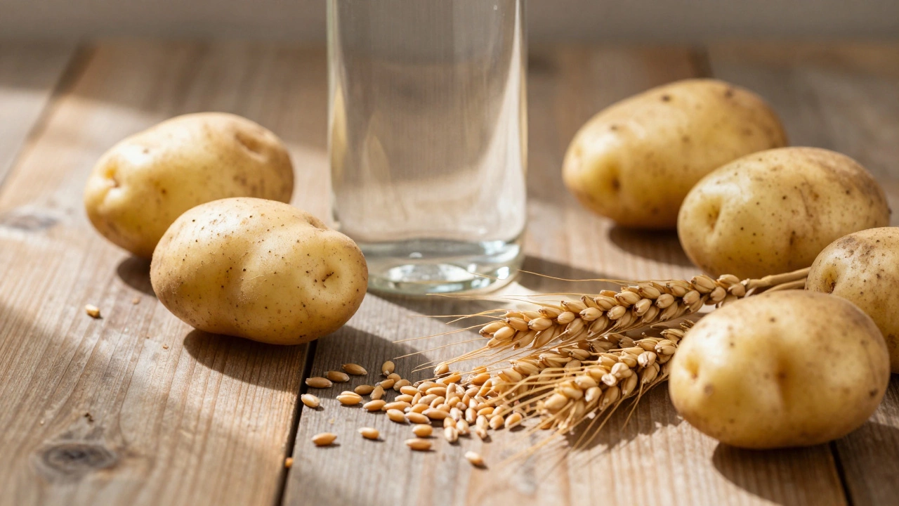 Artistic composition of potatoes and grains next to a vodka bottle.