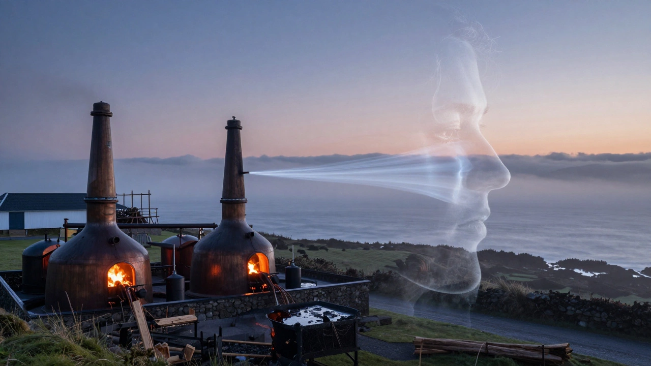 Coastal distillery blended with human profile, showing aroma trails of peat, honey, and brine.