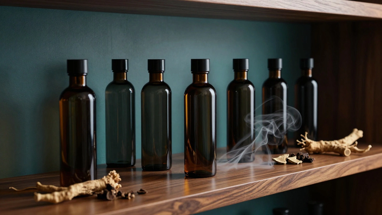 Dark spirit bottles displayed on a wooden shelf with botanical garnishes