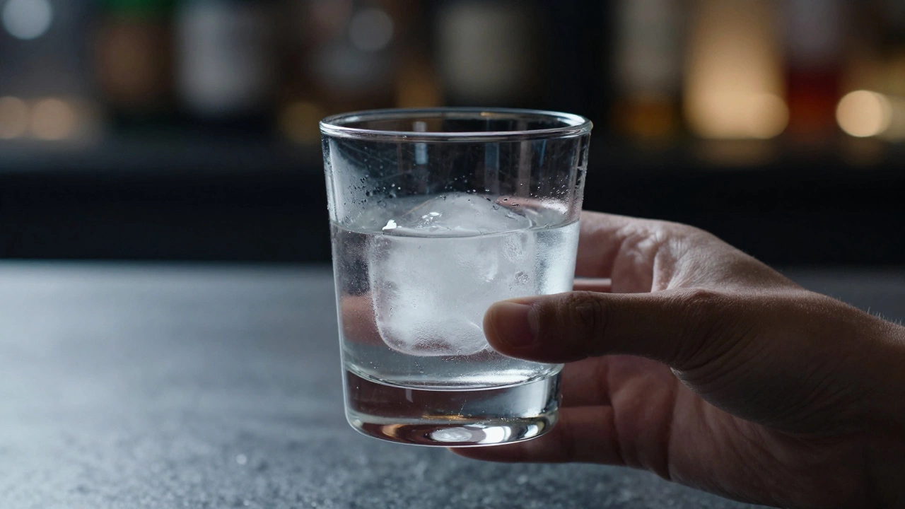 Hand holding a vodka glass with a single ice cube in dim light.