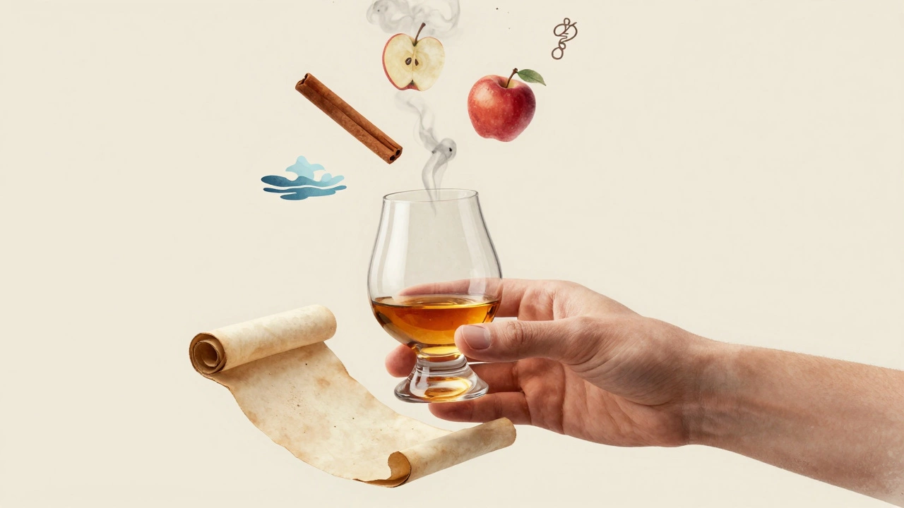Hand holding whisky glass as floating scent icons of fruit, spice, and smoke drift upward.