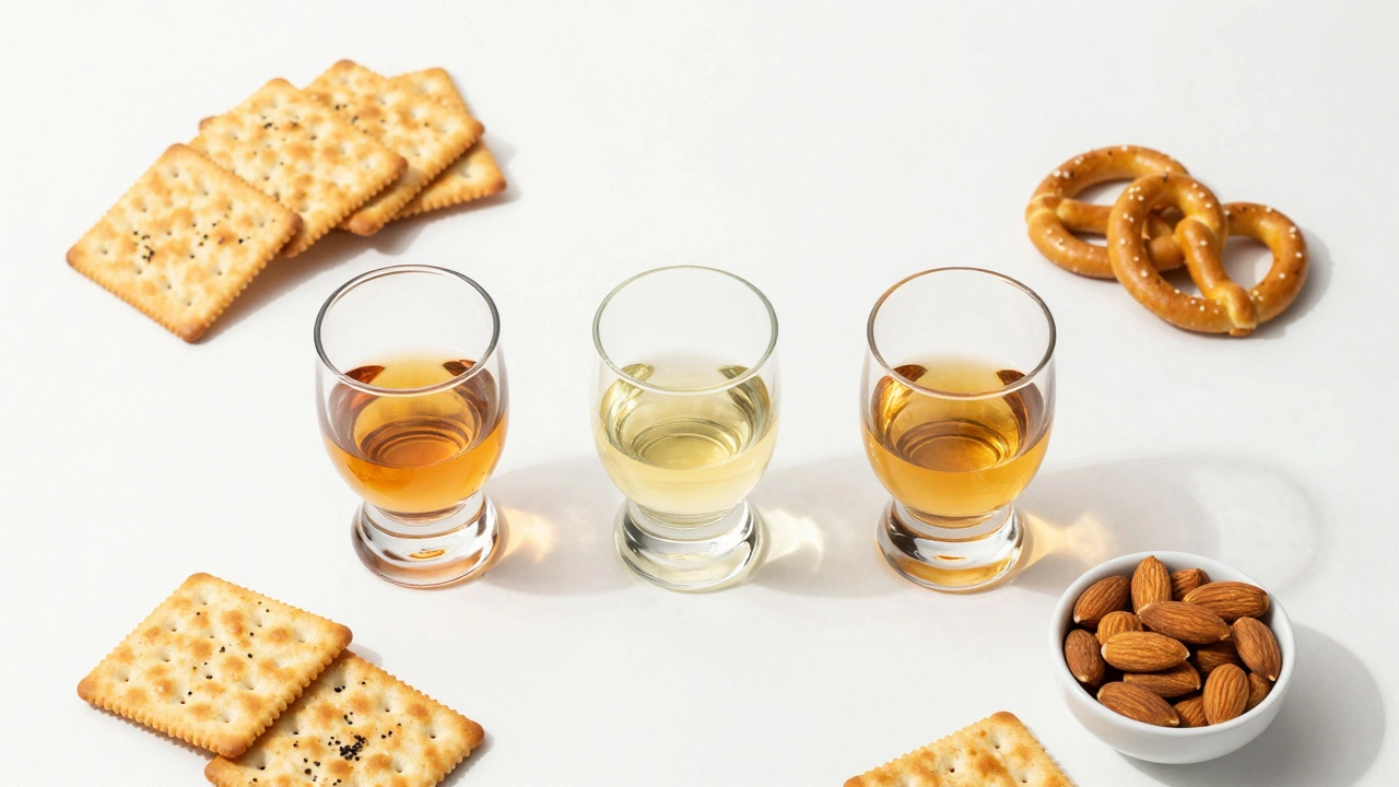 Neat tasting flight setup with crackers and alcohol glasses.