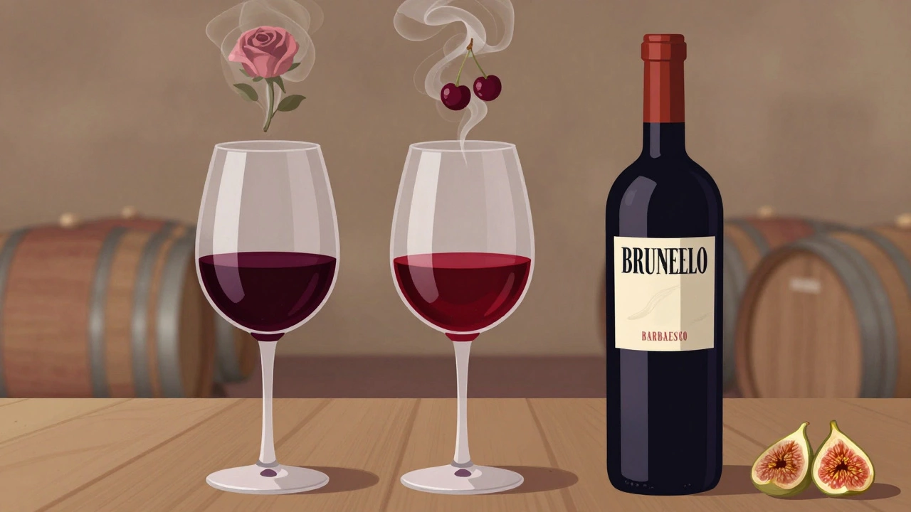 Three glasses of distinct red wines with aromatic swirls shaped like roses, cherries, and figs, beside oak barrels.